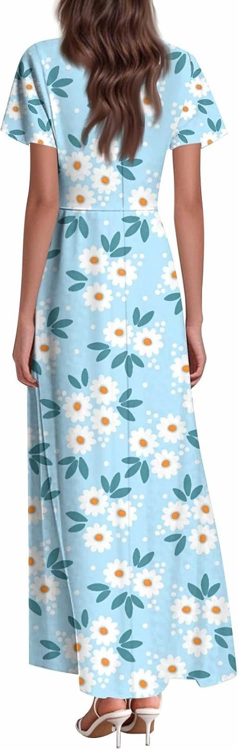 Wedding Guest Dresses for Women Spring Summer Boho Floral V-Neck Ruffle Short Sleeve Aline Swing Dress,XS-2XL