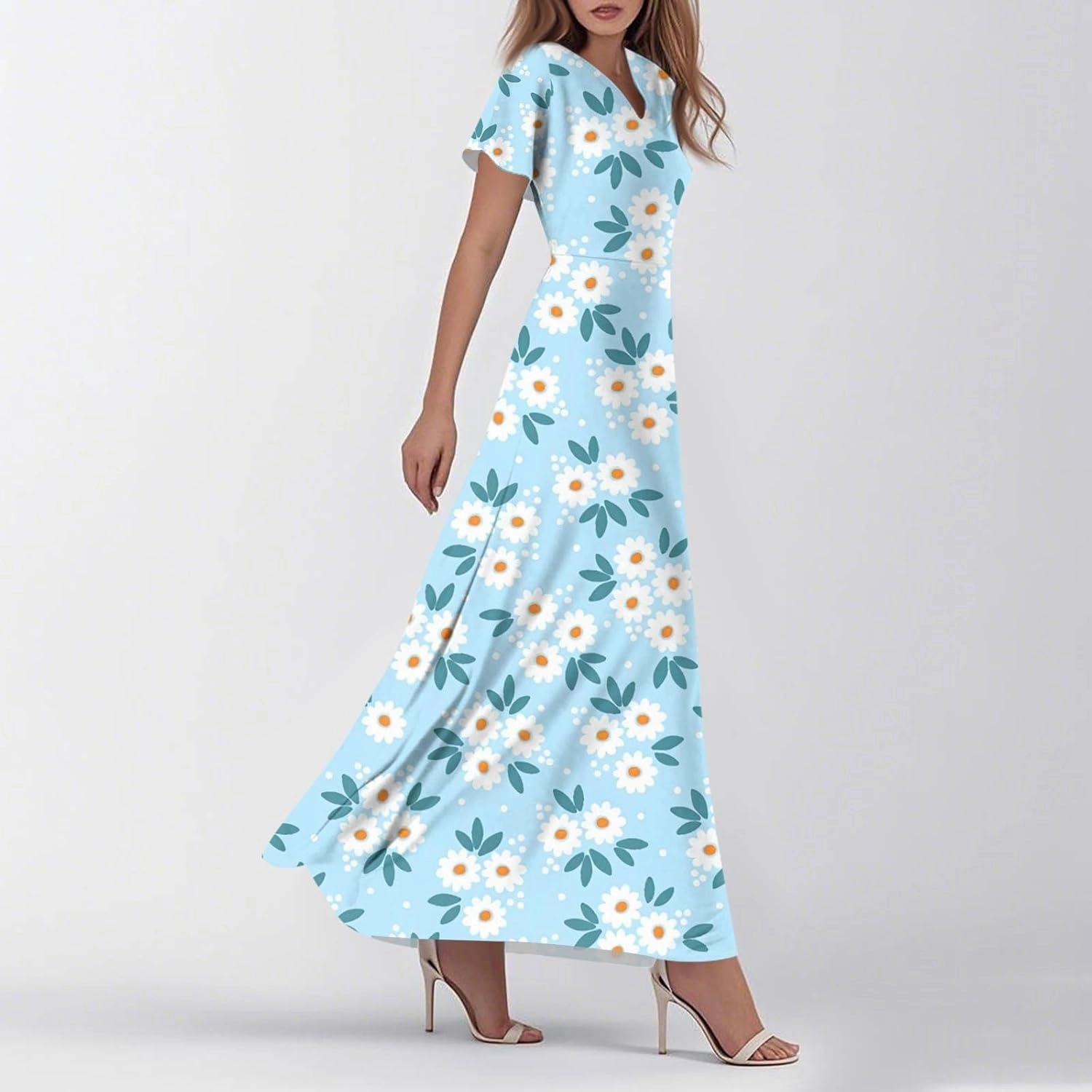 Wedding Guest Dresses for Women Spring Summer Boho Floral V-Neck Ruffle Short Sleeve Aline Swing Dress,XS-2XL