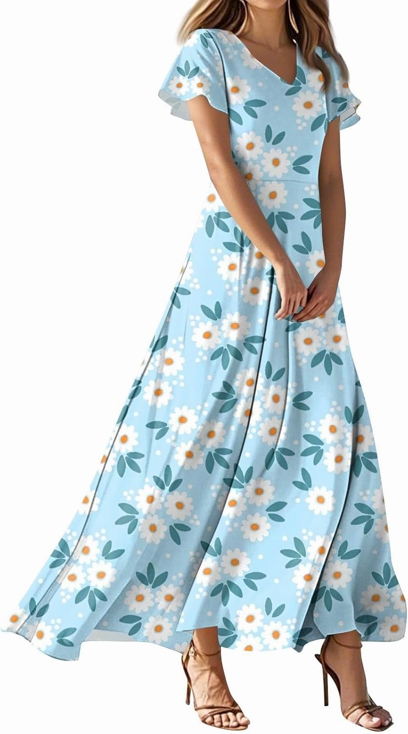 Wedding Guest Dresses for Women Spring Summer Boho Floral V-Neck Ruffle Short Sleeve Aline Swing Dress,XS-2XL