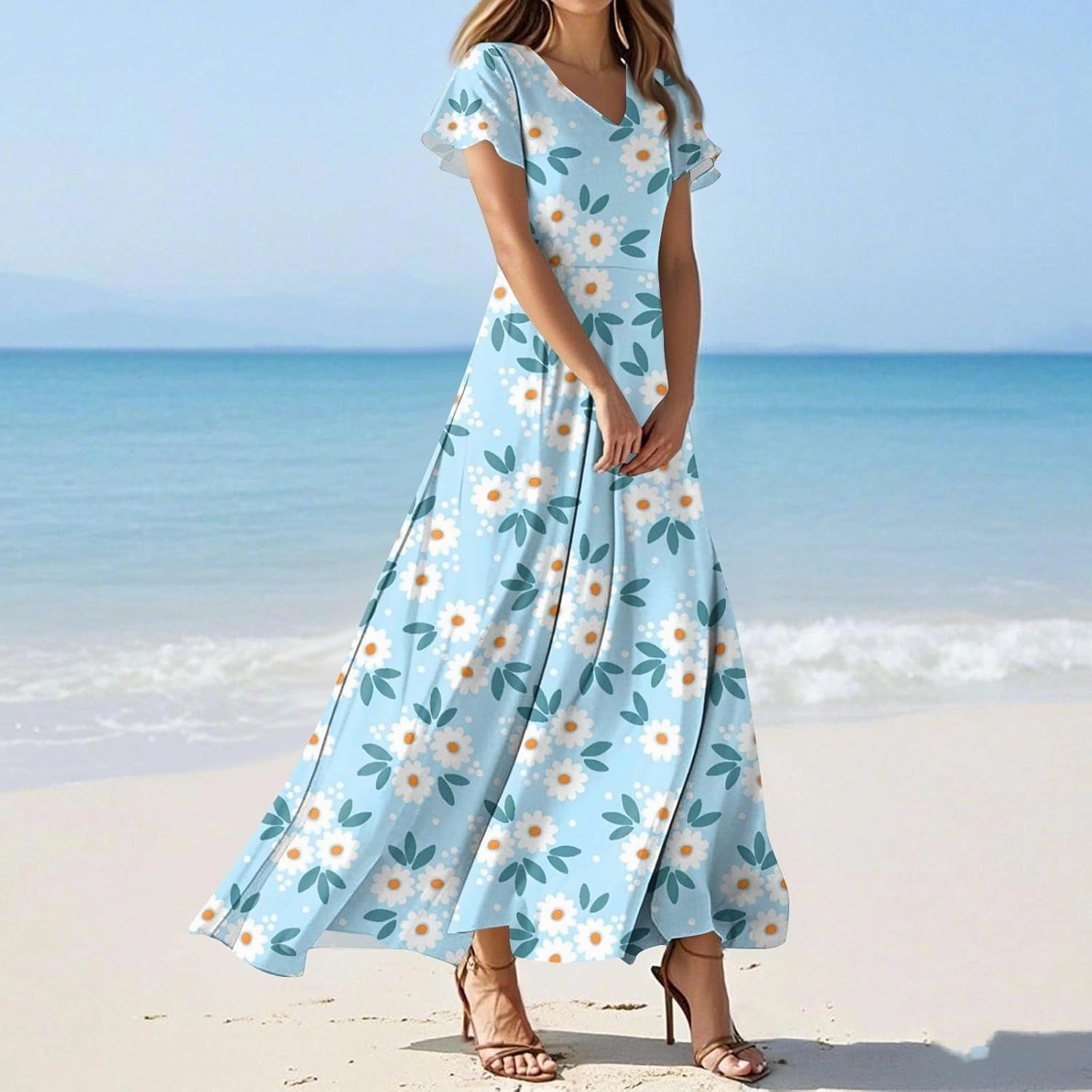 Wedding Guest Dresses for Women Spring Summer Boho Floral V-Neck Ruffle Short Sleeve Aline Swing Dress,XS-2XL