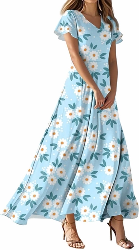 Wedding Guest Dresses for Women Spring Summer Boho Floral V-Neck Ruffle Short Sleeve Aline Swing Dress,XS-2XL