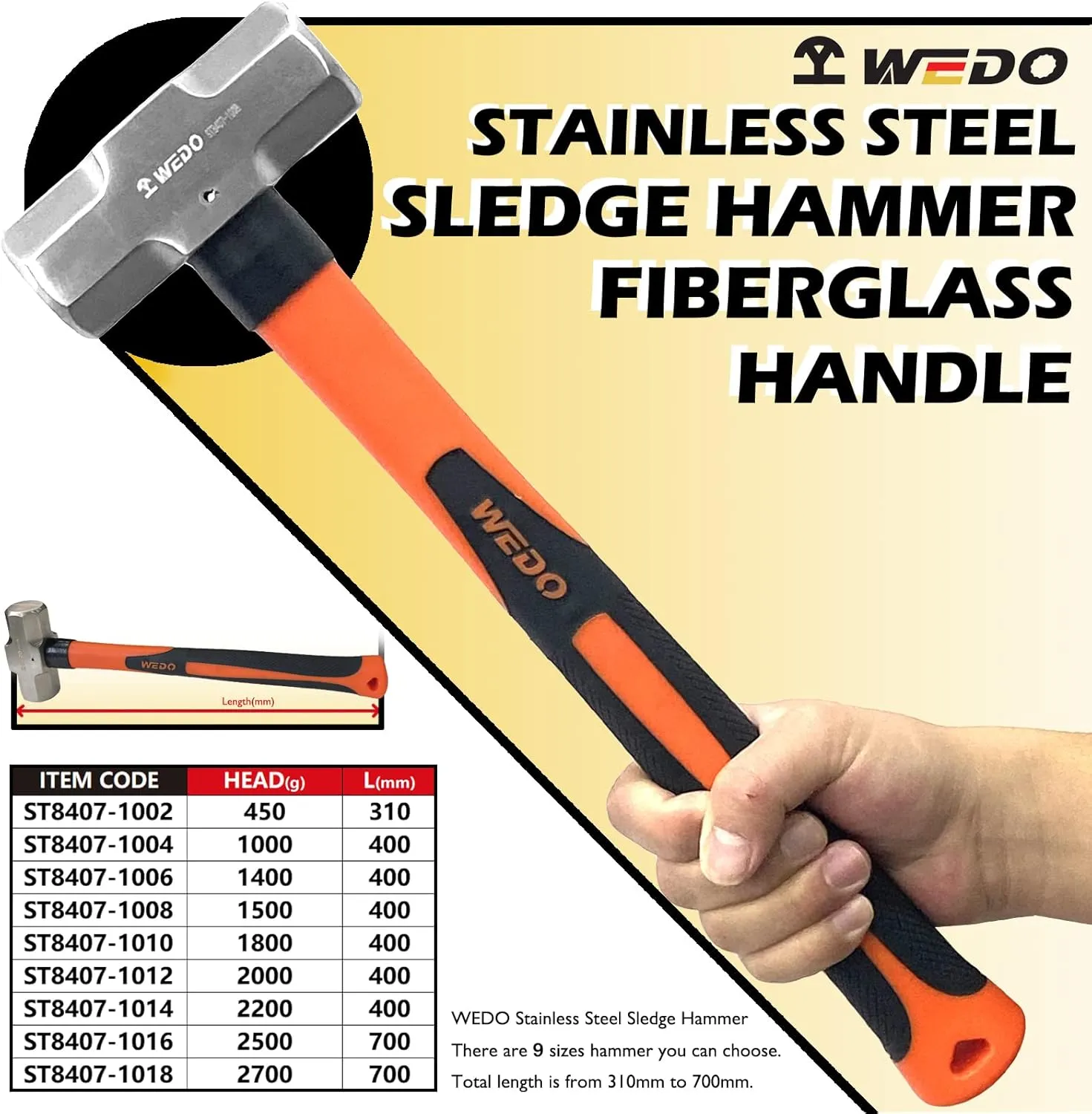 WEDO Sledge Hammer,2lb Stainless Steel Crack Hammer With Fiberglass Handle,Length 400mm,Shock-resistant,Corrosion Resistant Drilling Hammer