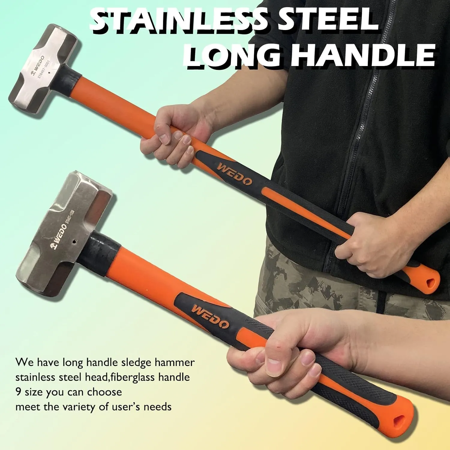 WEDO Sledge Hammer,2lb Stainless Steel Crack Hammer With Fiberglass Handle,Length 400mm,Shock-resistant,Corrosion Resistant Drilling Hammer