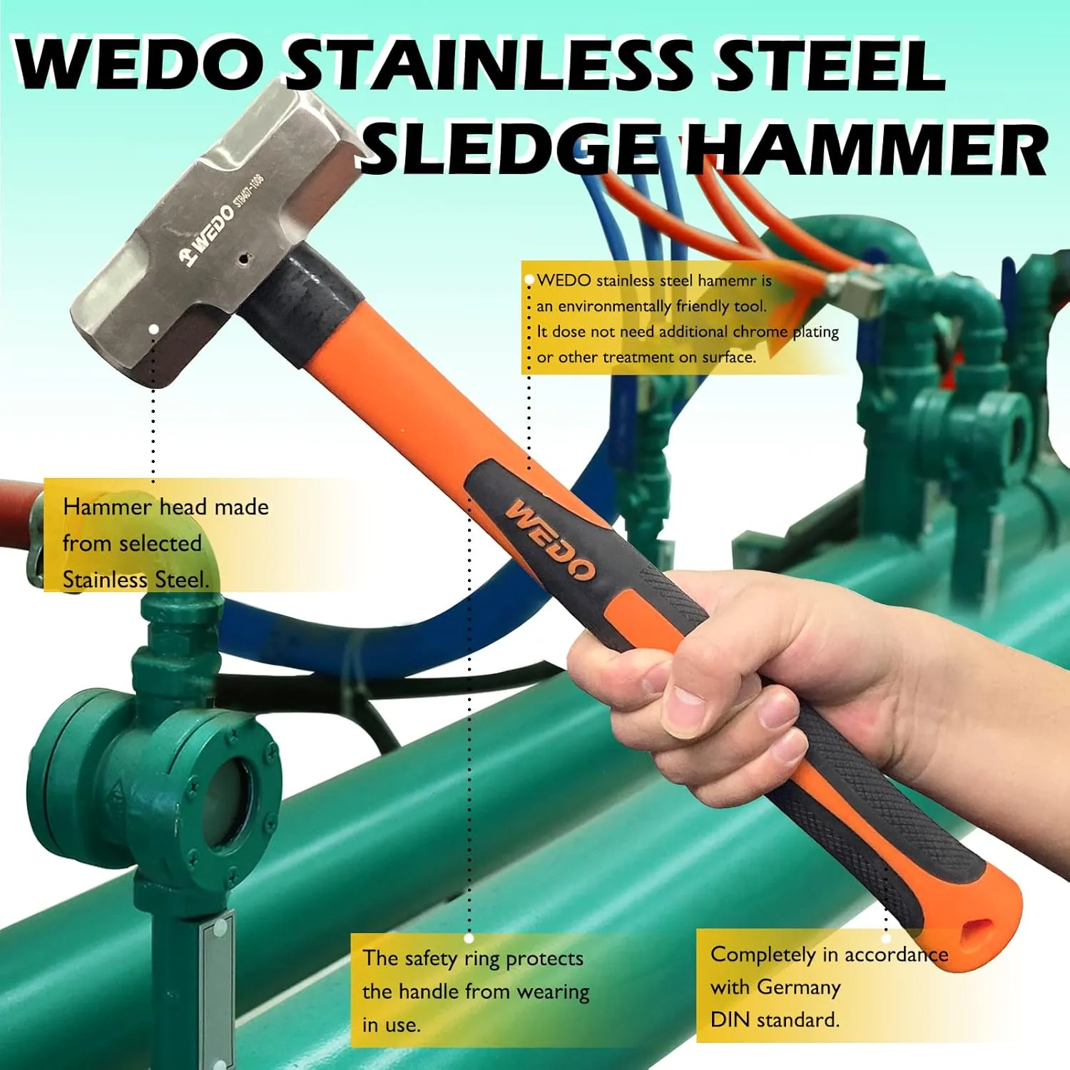 WEDO Sledge Hammer,2lb Stainless Steel Crack Hammer With Fiberglass Handle,Length 400mm,Shock-resistant,Corrosion Resistant Drilling Hammer