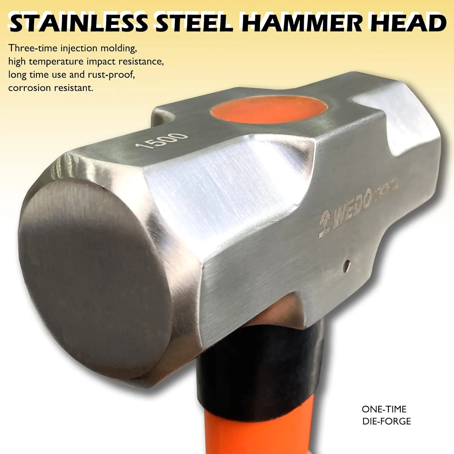 WEDO Sledge Hammer,2lb Stainless Steel Crack Hammer With Fiberglass Handle,Length 400mm,Shock-resistant,Corrosion Resistant Drilling Hammer
