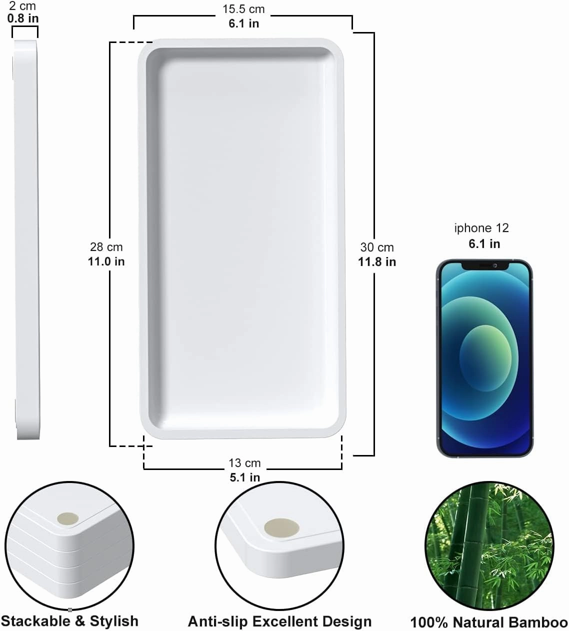 Weenson Bathroom Vanity Trays for Countertop Toiletries Decor Candle Perfume Makeup, Kitchen Tray for Soap Dispenser Spice Salt Oil, White Tray for Toilet Tank Coffee Nightstand Set of 2