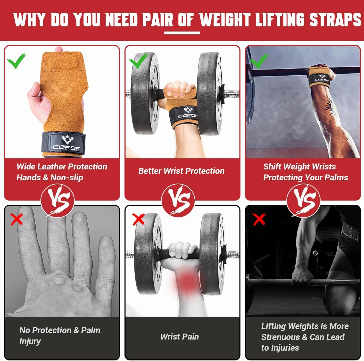Weight Lifting Wrist Strap, Double Layer Leather Wrist Strap for Deadlift and Powerlifting, Adjustable Neoprene Padded Gym Workout Lifting Hooks (Pair)
