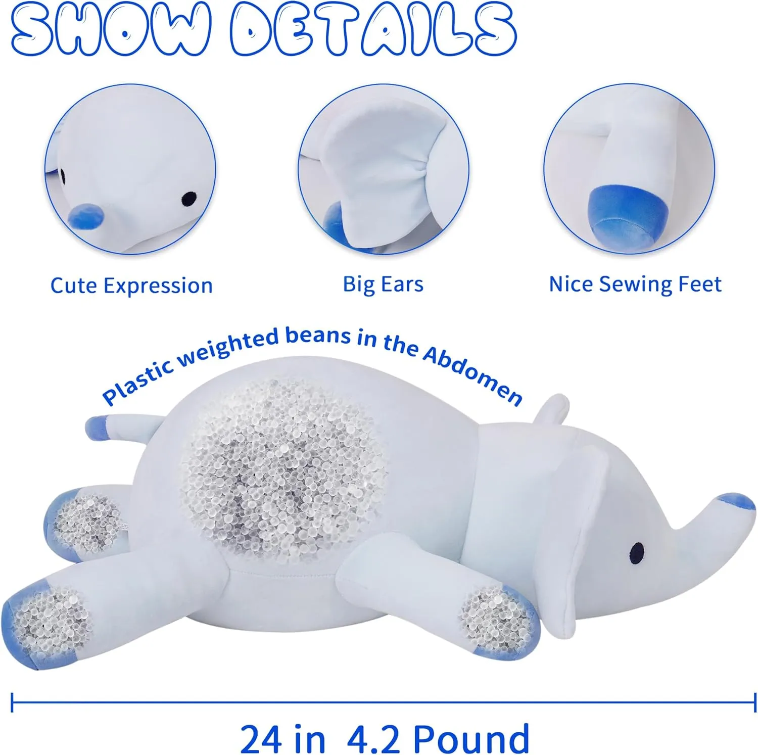 Weighted Stuffed Animals, 4.2Lb Weighted Elephant Plush, 24in Giant Elephant Throw Pillow Soft Plushie Doll Toy Gifts