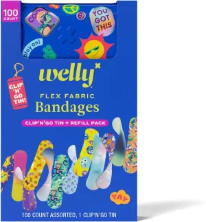 Welly Bandage Clip N' Go Tin & Refill Pack | Adhesive Flexible Fabric Bandages and Tin | Assorted Shapes and Patterns for Minor Cuts, Scrapes, and Wounds - 100 Count
