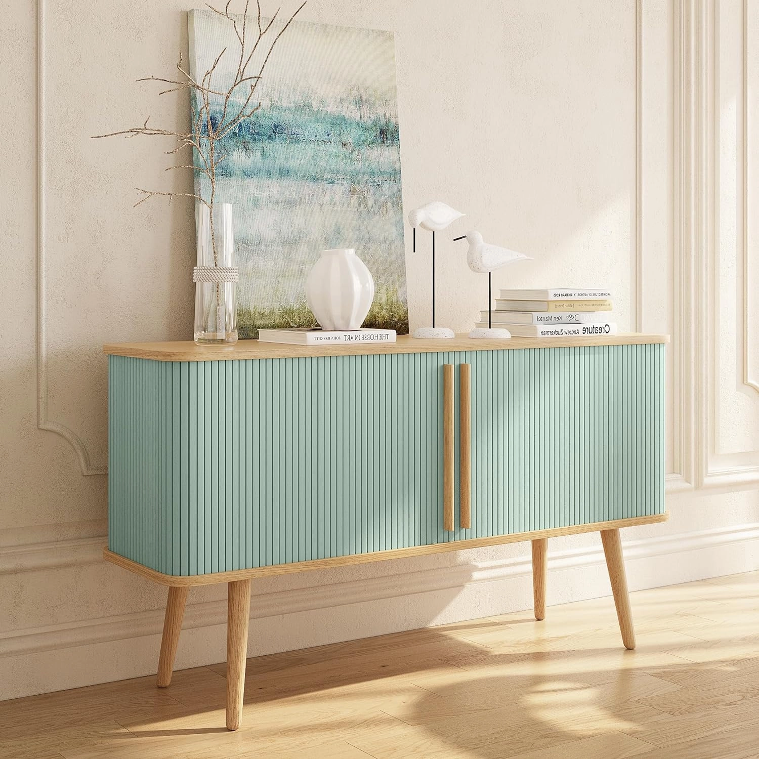WERMO 53'' Blue Cabinet with Doors and Shelves - Credenza, Modern Media Console Table with Storage, Blue Sideboard Storage Accent Cabinet for Living Room, Office, Entryway and Bedroom (Oak)