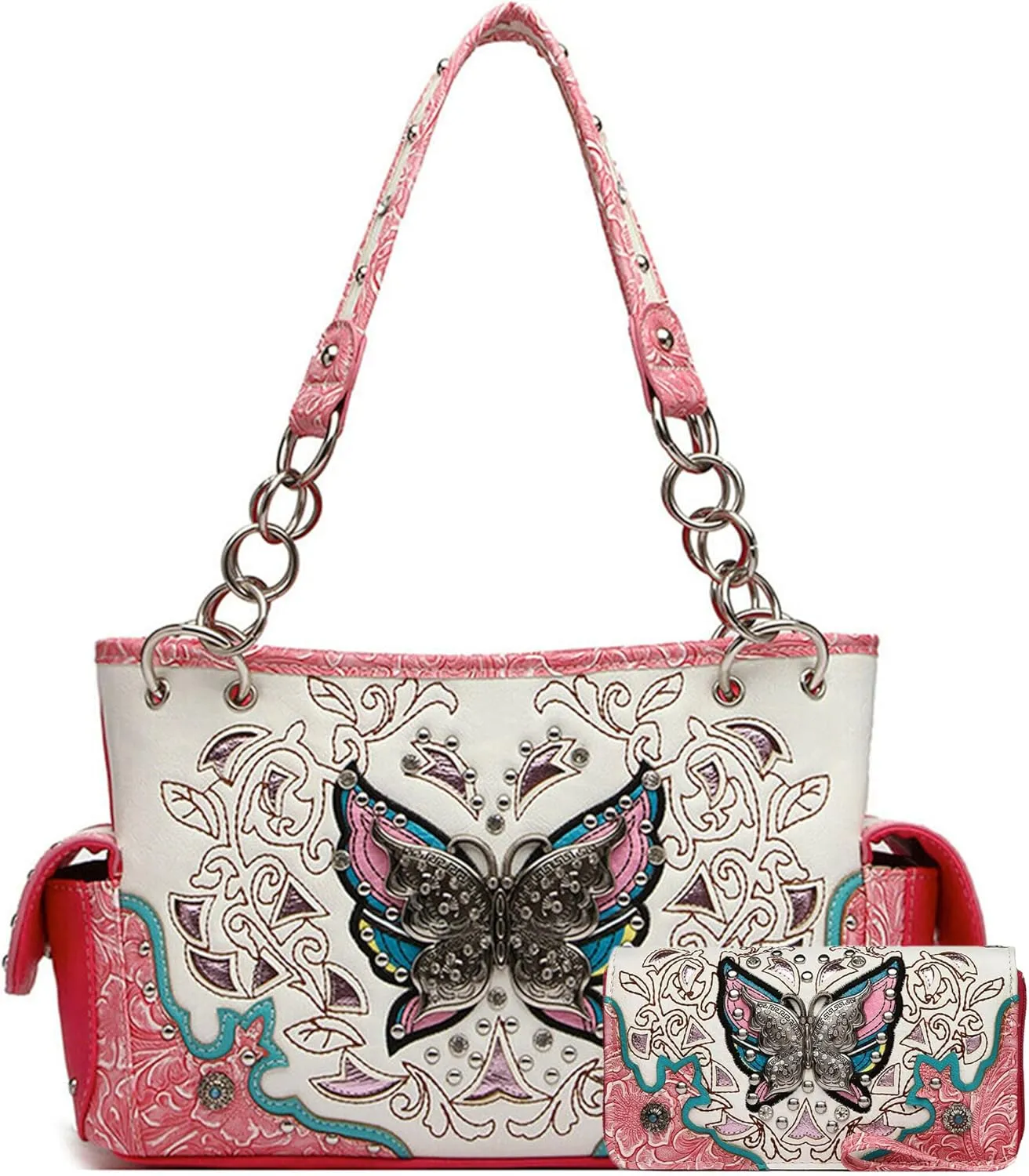 Western Style Springtime Embroidery Butterfly Floral Leather Totes Purse Country Handbag Women Shoulder Bag Wallet Set