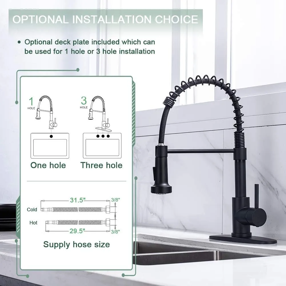 Wewe Black Kitchen Sink Faucets: Water Faucet with Pull Down Sprayer Stainless Steel Single Handle 1 Or 3 Hole for Farmhouse Commercial Camper Laundry Rv Bar