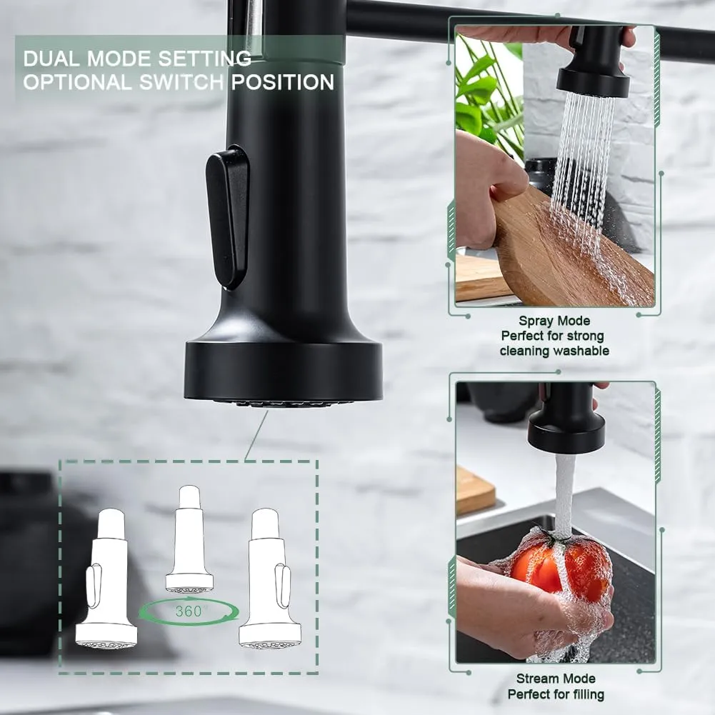 Wewe Black Kitchen Sink Faucets: Water Faucet with Pull Down Sprayer Stainless Steel Single Handle 1 Or 3 Hole for Farmhouse Commercial Camper Laundry Rv Bar