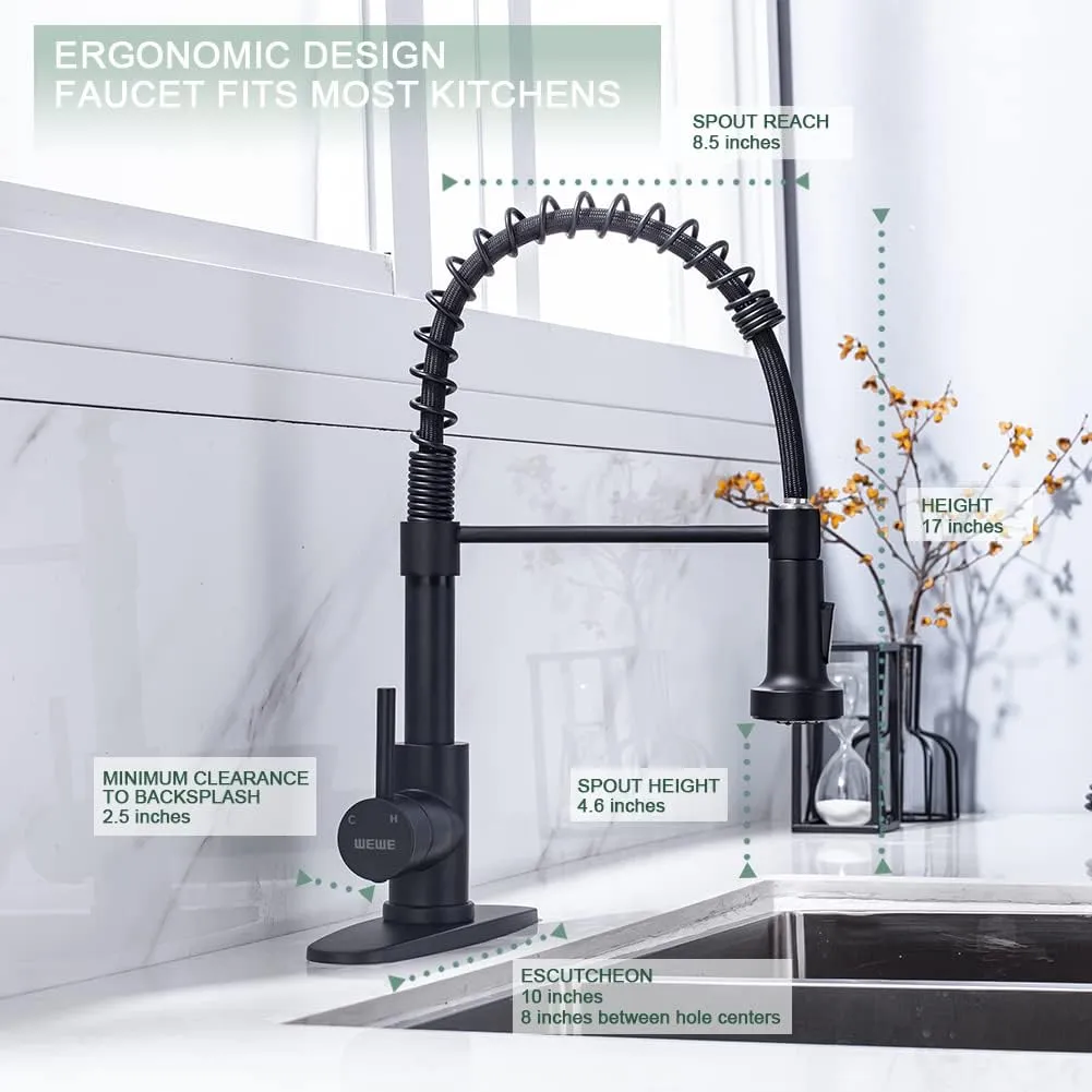 Wewe Black Kitchen Sink Faucets: Water Faucet with Pull Down Sprayer Stainless Steel Single Handle 1 Or 3 Hole for Farmhouse Commercial Camper Laundry Rv Bar