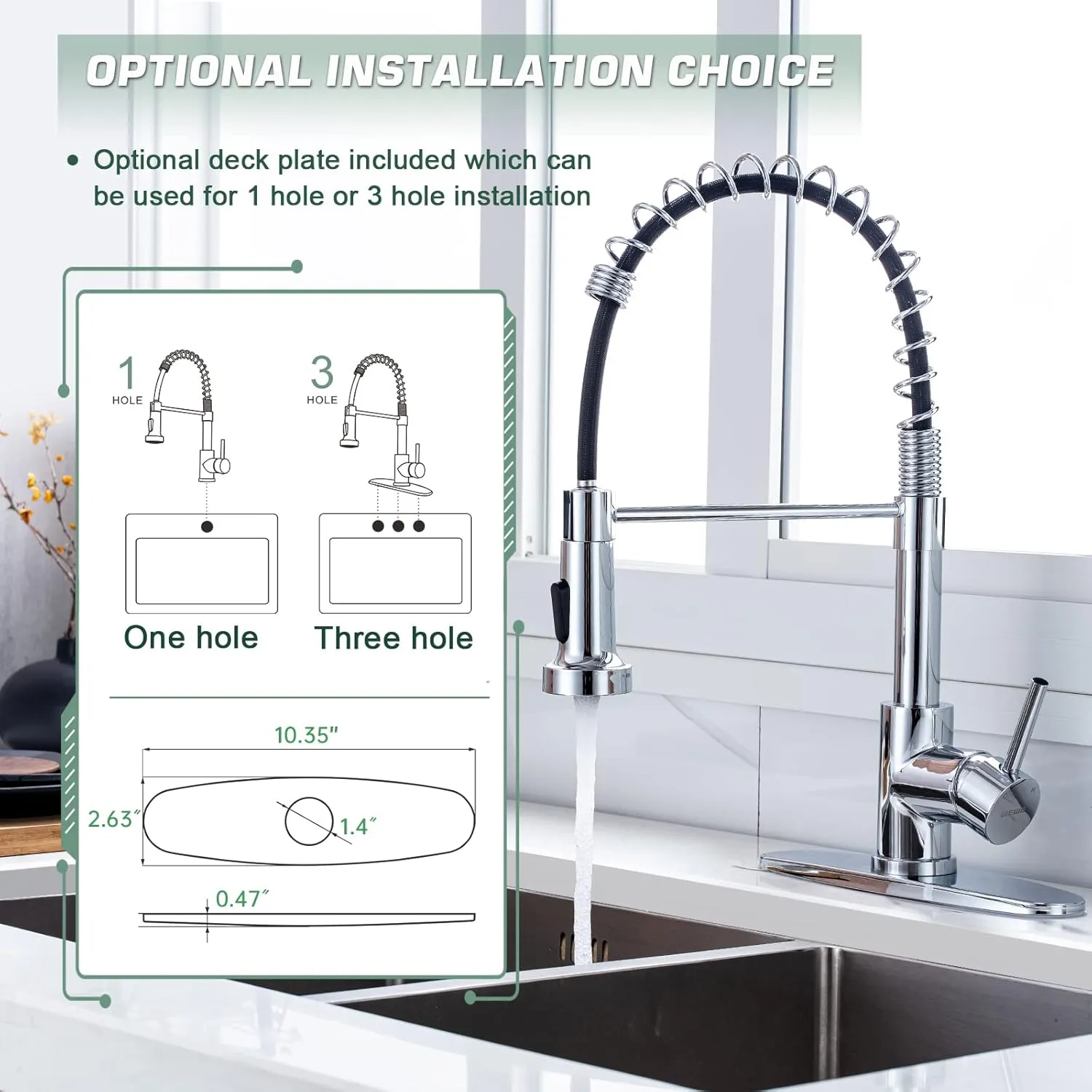 WEWE Chrome Kitchen Faucet, Faucet for Kitchen Sink with Pull Down Sprayer Kitchen Faucet with Deck Plate Stainless Steel Single Handle Spring for Farmhouse Utility Bar Laundry Sinks