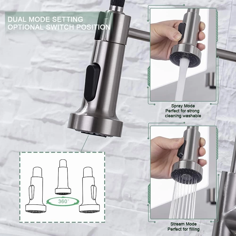 WEWE Kitchen Faucets, Commercial Brushed Nickel Stainless Steel Pull Down Sprayer Single Hole Single Handle RV Farmhouse Laundry Outdoor Faucet for Kitchen Sink, llaves para fregaderos de cocina