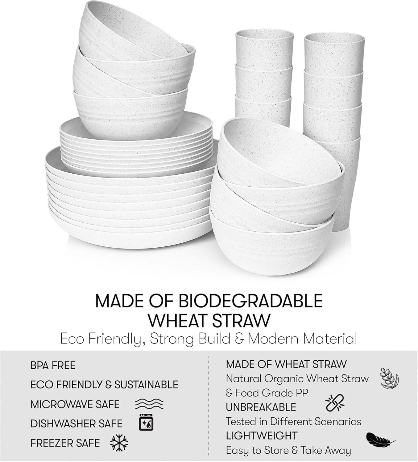 Wheat Straw Dinnerware Sets | Unbreakable Dinnerware Sets | Dishwasher Microwave Safe Dinnerware | Eco Friendly Non Breakable Dinnerware Sets | RV Outdoor Camping (White, Service for 8 (32 pcs))