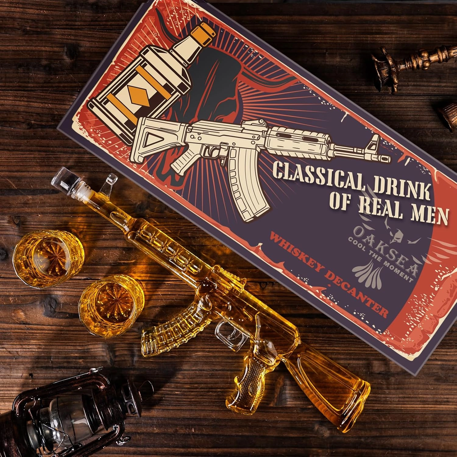 Whiskey Decanter AK47 Set with 2 Whiskey Glasses, Gifts for Fathers Day Men Dad, Unique Anniversary Birthday Gift for Him Husband, Cool Patriotic Military Presents liquor dispenser for Home Bar