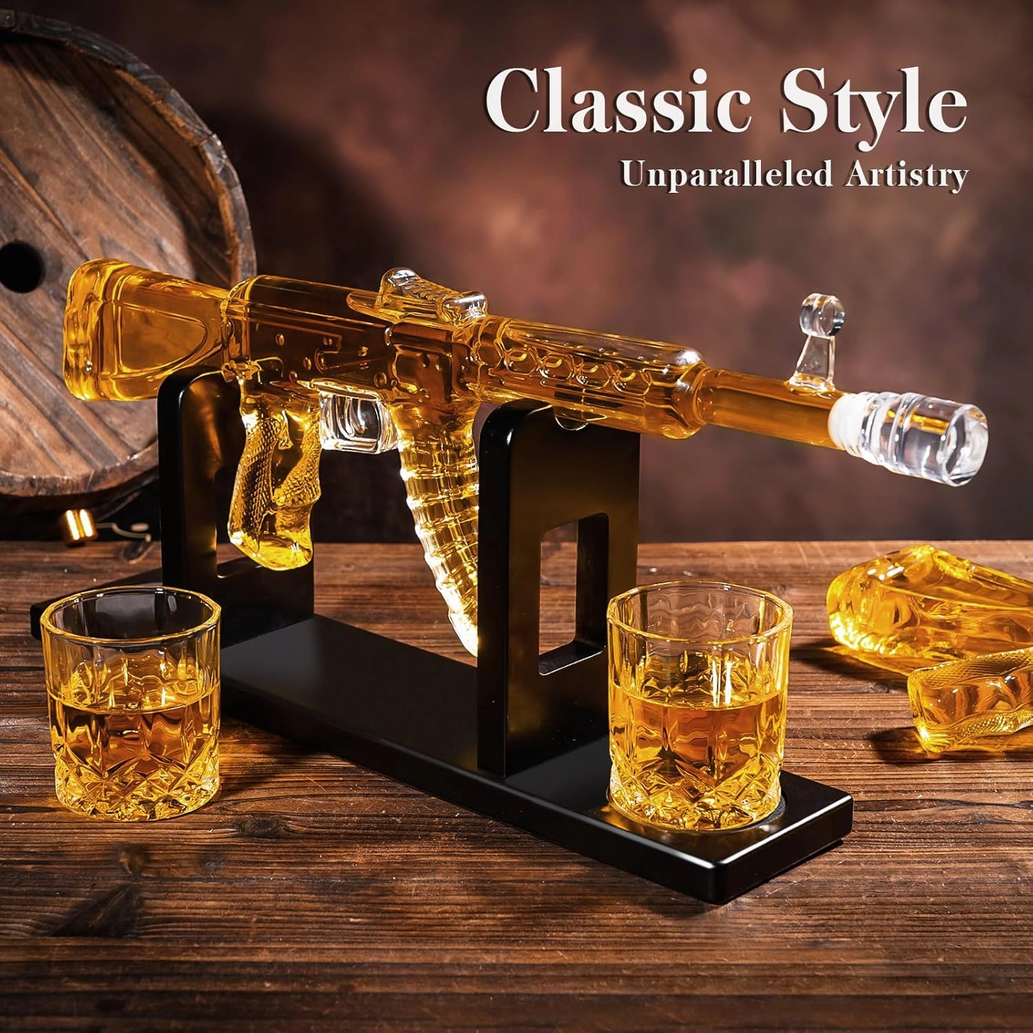 Whiskey Decanter AK47 Set with 2 Whiskey Glasses, Gifts for Fathers Day Men Dad, Unique Anniversary Birthday Gift for Him Husband, Cool Patriotic Military Presents liquor dispenser for Home Bar