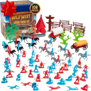 Wild West Action Figure Playset- 100  pc Cowboys & Native Americans Figurine Toys- Includes Rideable Horses, Wagons, Canoes, & More- Great for Pretend Play, Dioramas, School Projects, Gifts for Kids