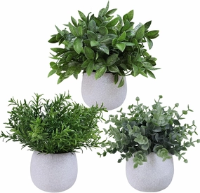 Winlyn Set of 3 Small Artificial Potted Plants Faux Eucalyptus Rosemary Boxwood Decorative Plants in Gray Concrete Ceramic Pots for Home Office Desk Shelf Table Indoor Outdoor Greenery Decorations