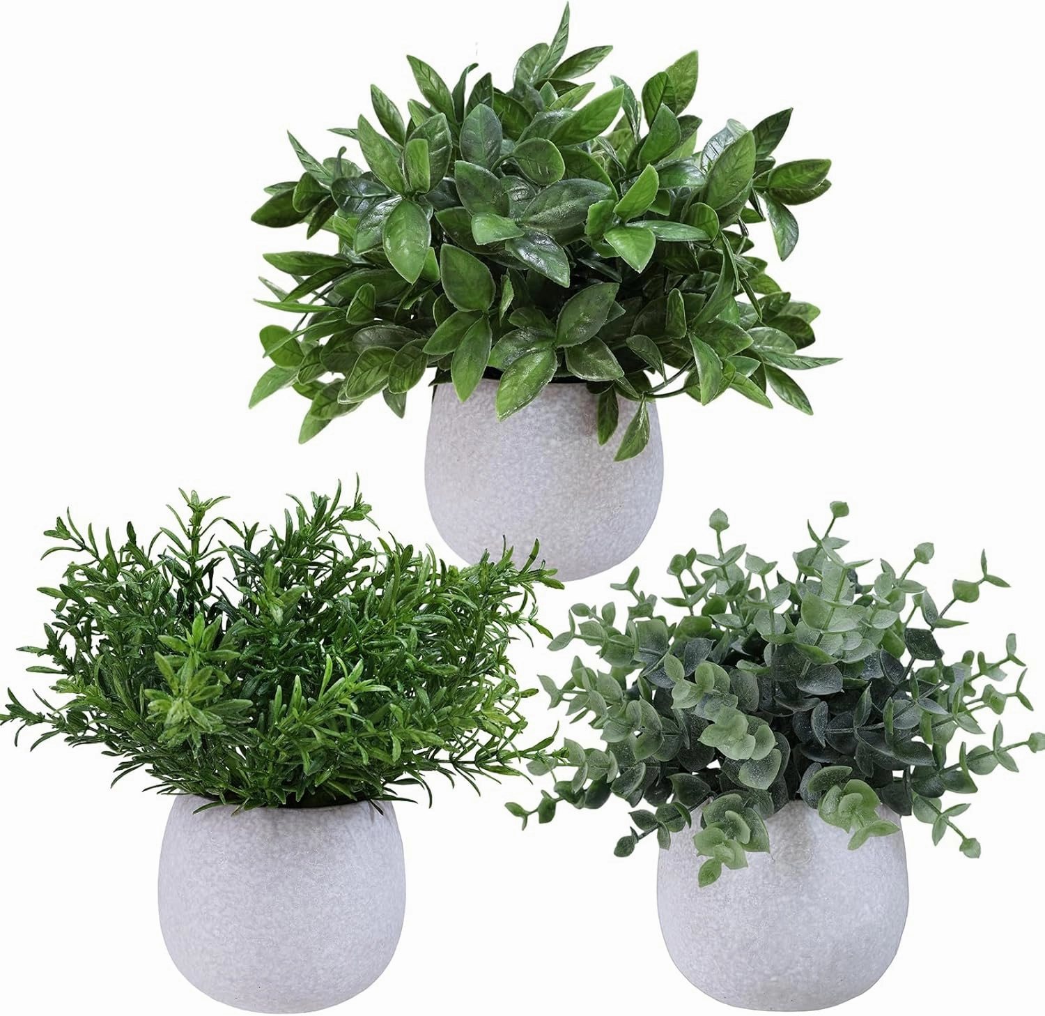 Winlyn Set of 3 Small Artificial Potted Plants Faux Eucalyptus Rosemary Boxwood Decorative Plants in Gray Concrete Ceramic Pots for Home Office Desk Shelf Table Indoor Outdoor Greenery Decorations