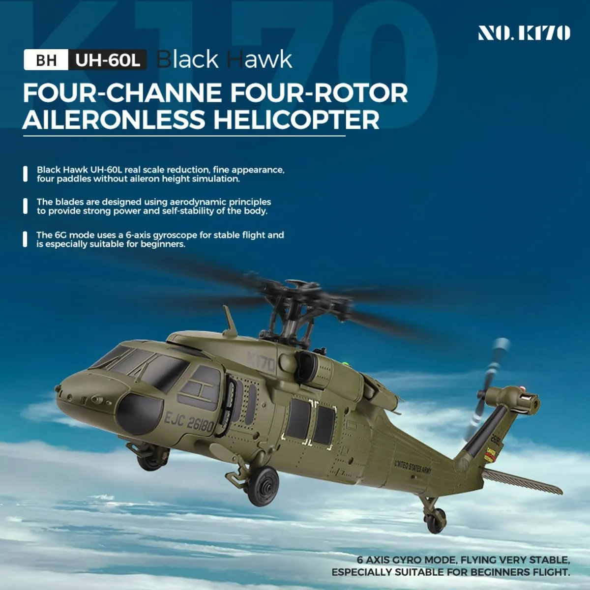 WL K170 Black Hawk UH-60L RC Helicopter, 170 Size 2.4G 4CH Flybarless Aircraft Model with Adjustable Left&Right Hand Throttle, One-Key Takeoff/Landing, Outdoor RC Plane for Beginners (RTF)