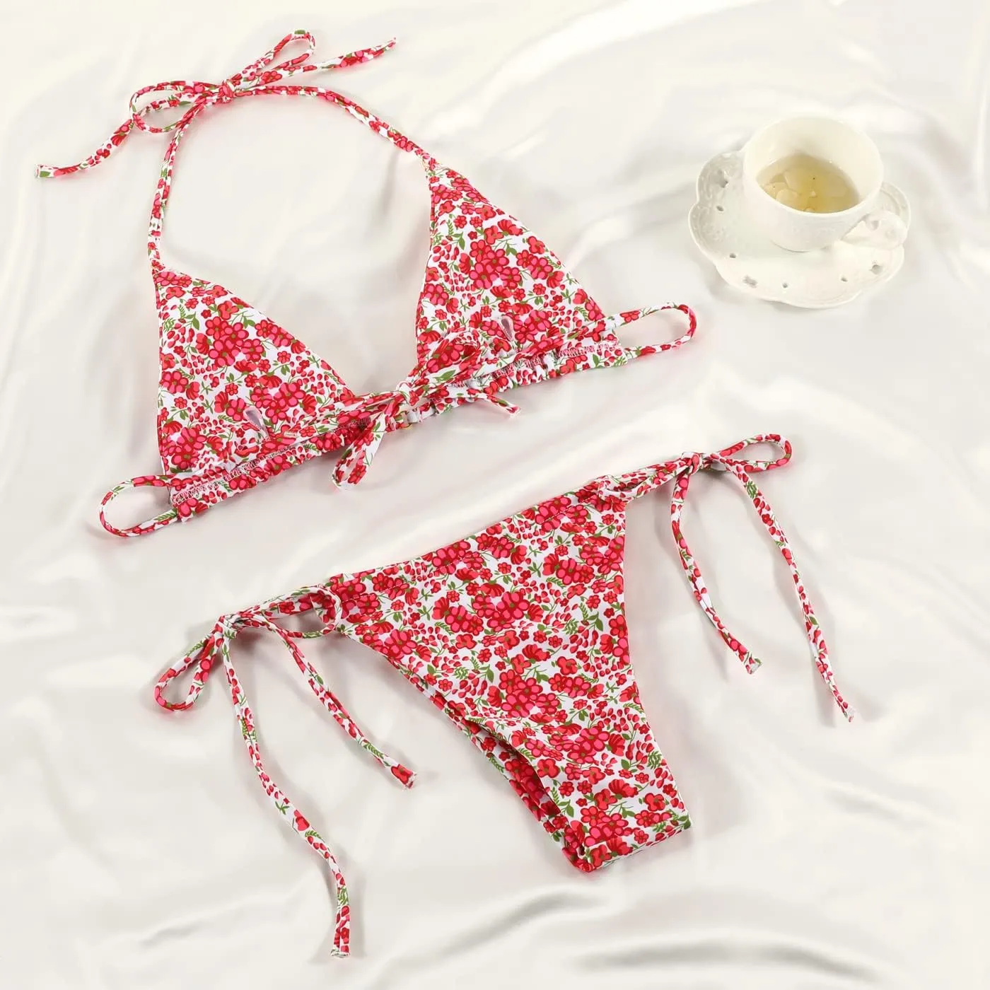 Women Halter String Bikini Set Sexy Thong Cheeky Two Piece Swimsuits Solid Color Bathing Swimwear
