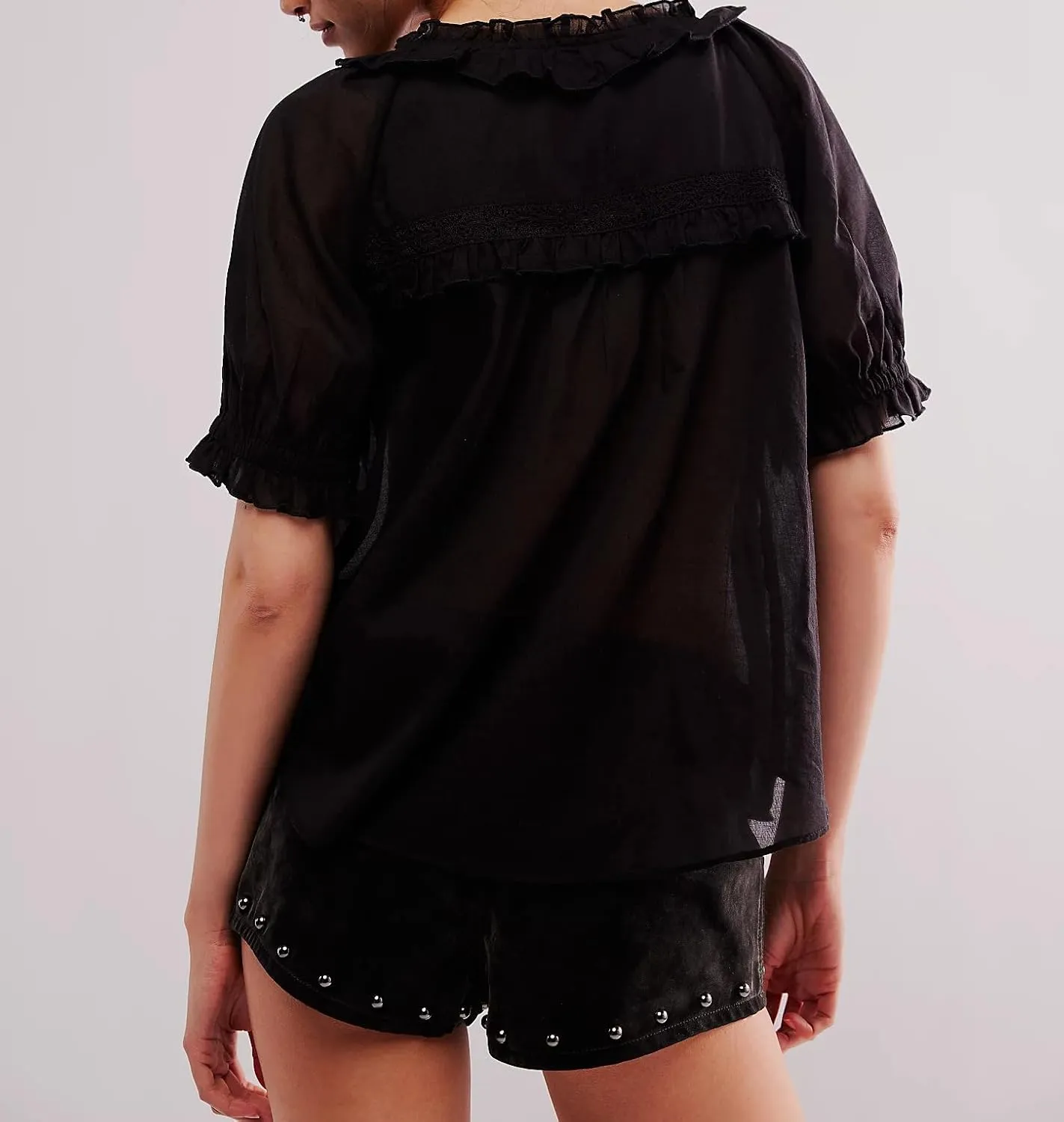 Women Lace Button up Shirt Short Sleeve Semi Sheer Ruffle Blouse Y2k Going Out Tops Coquette Flowy Clothes