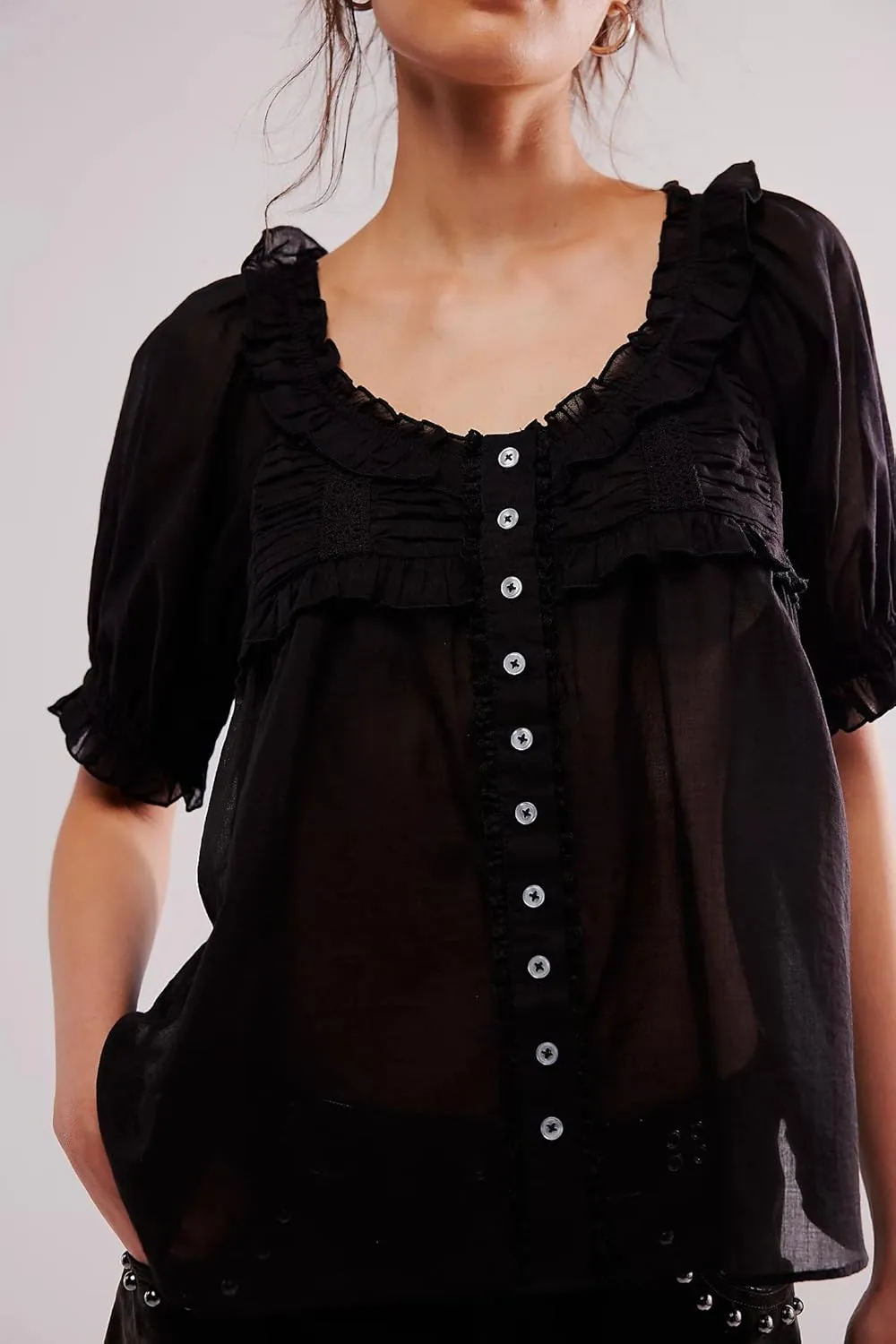 Women Lace Button up Shirt Short Sleeve Semi Sheer Ruffle Blouse Y2k Going Out Tops Coquette Flowy Clothes