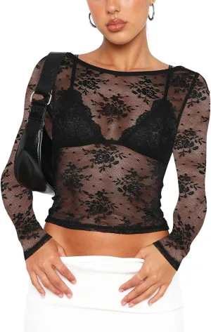 Women Y2K Floral Lace Crop Top Sexy See Through Sheer Mesh T Shirts Slim Fit Aesthetic Going Out Tees Tops Streetwear