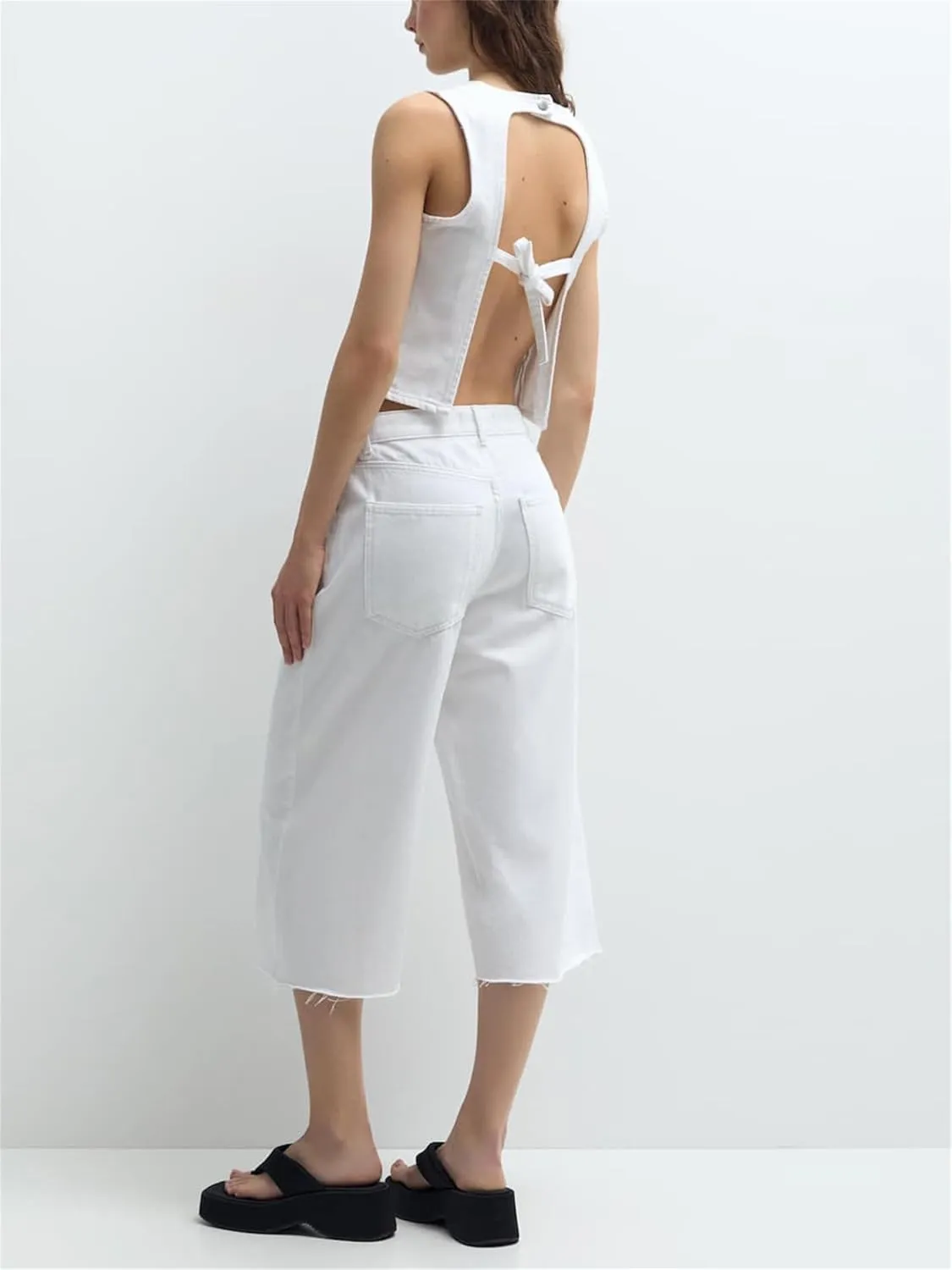 Women Y2k Halter Denim Top Backless Tie Back Button Up Relaxed Fit Jean Vest Sexy Vintage Summer Going Out Tank Top