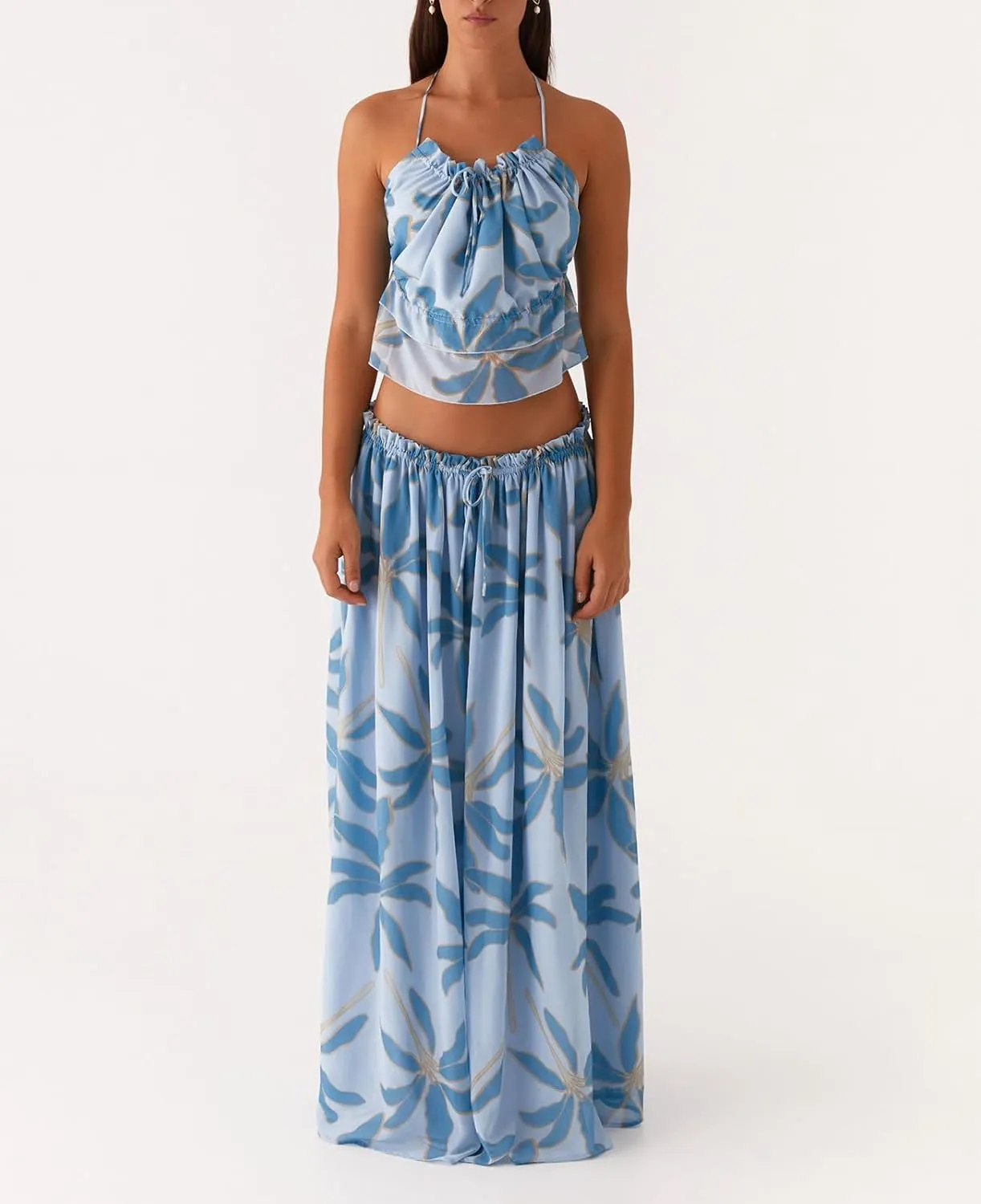 Women Y2K Maxi Skirt Set 2 Piece Outfit Smocked Backless Halter Top Flowy Ruffle Skirt Wedding Guest Ruched Set