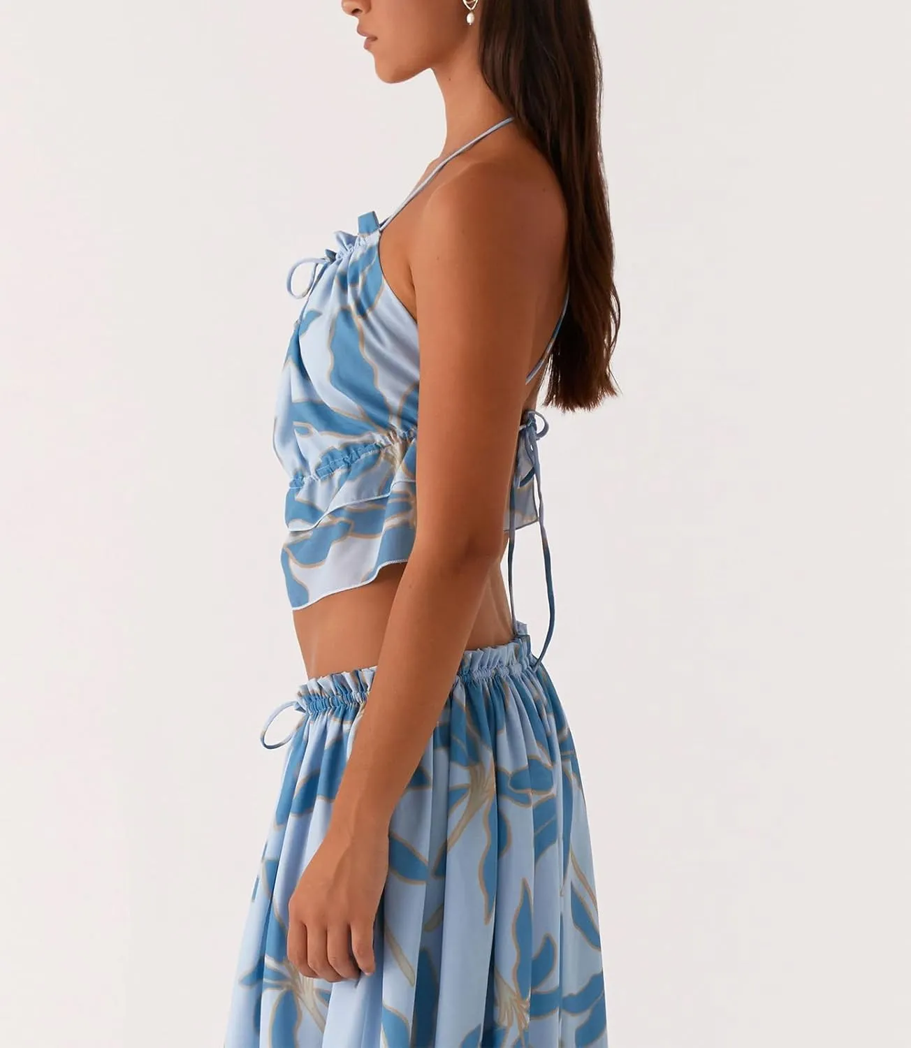 Women Y2K Maxi Skirt Set 2 Piece Outfit Smocked Backless Halter Top Flowy Ruffle Skirt Wedding Guest Ruched Set
