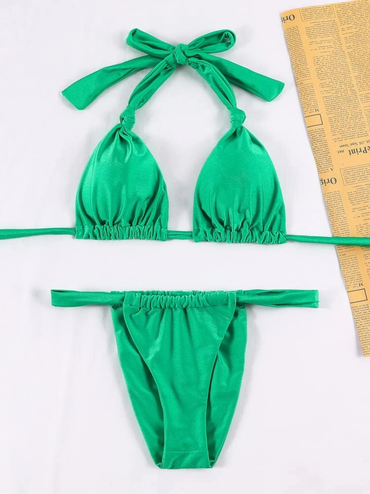 Women Thong Bikini Set Cheeky Halter Triangle String Two Piece Swimsuits Sexy Ruched Brazilian Bathing Suit