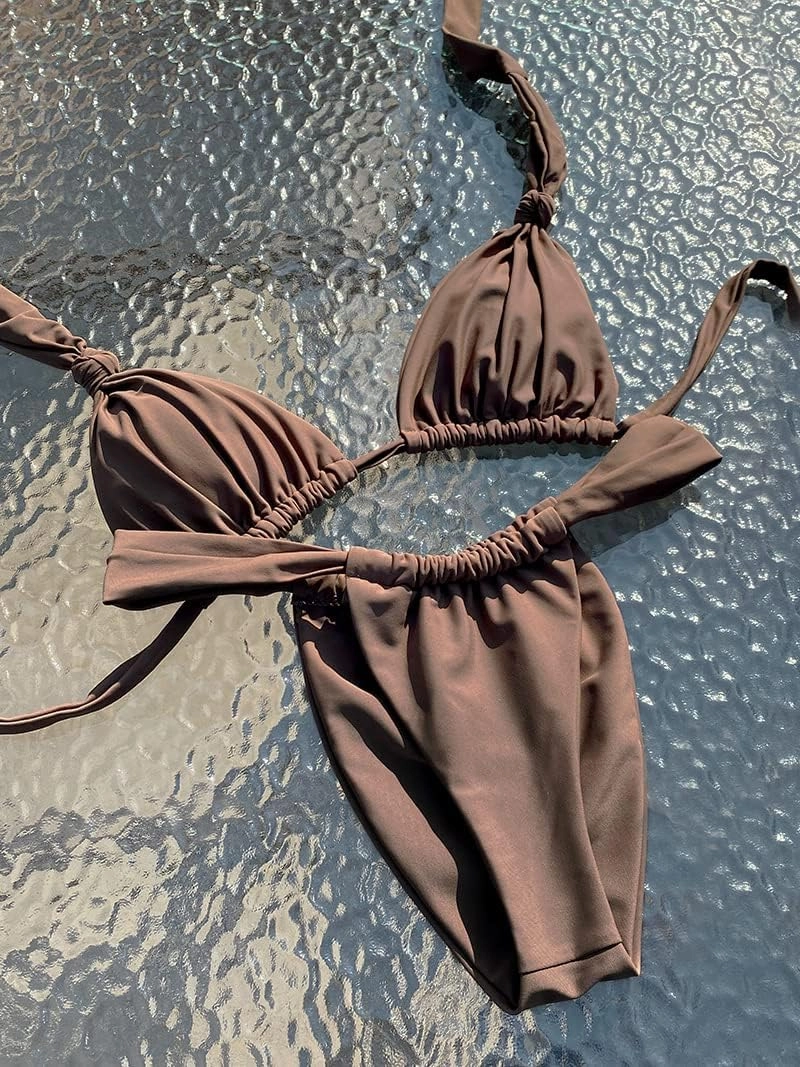 Women Thong Bikini Set Cheeky Halter Triangle String Two Piece Swimsuits Sexy Ruched Brazilian Bathing Suit