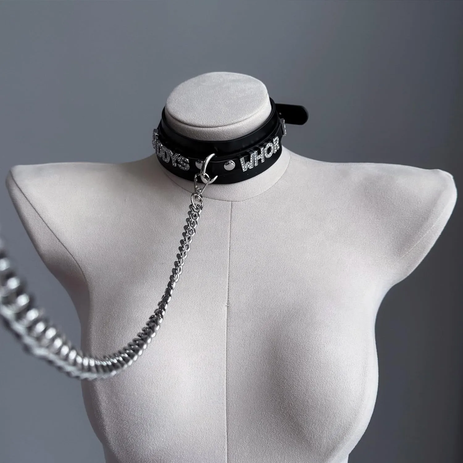 Women's Black Leather Choker Necklace with Rhinestone Letters, Adjustable Punk Gothic Custom Name D-ring Collar Jewelry For Women