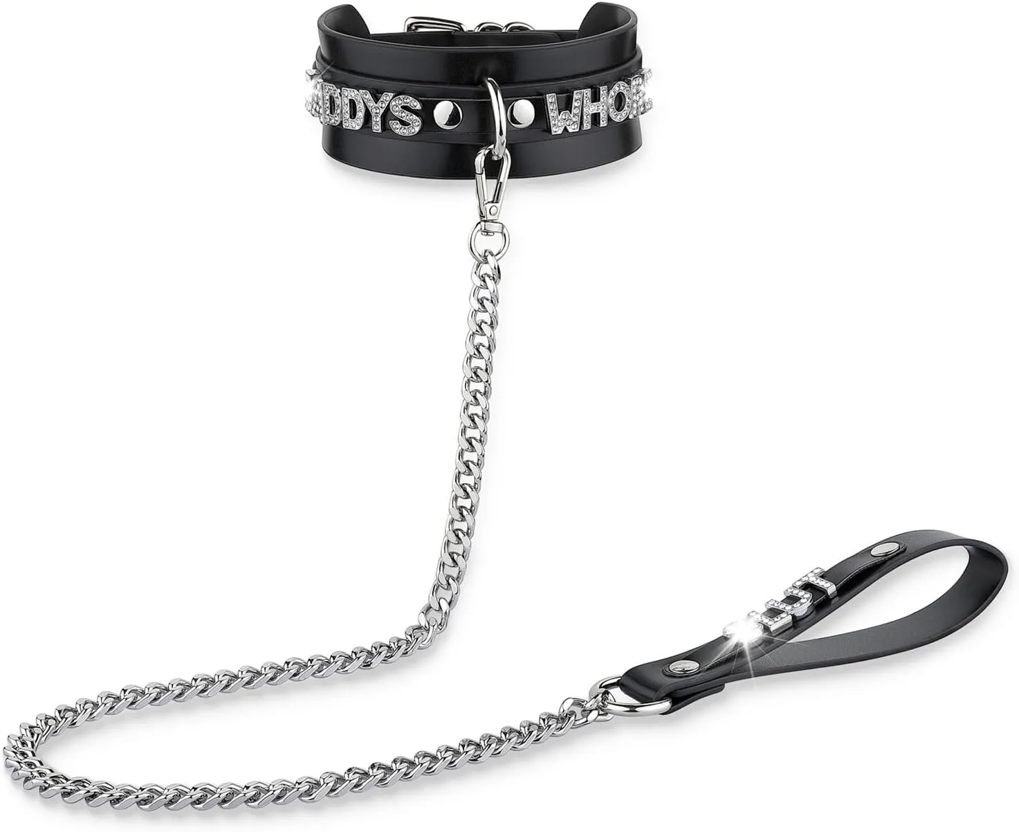 Women's Black Leather Choker Necklace with Rhinestone Letters, Adjustable Punk Gothic Custom Name D-ring Collar Jewelry For Women