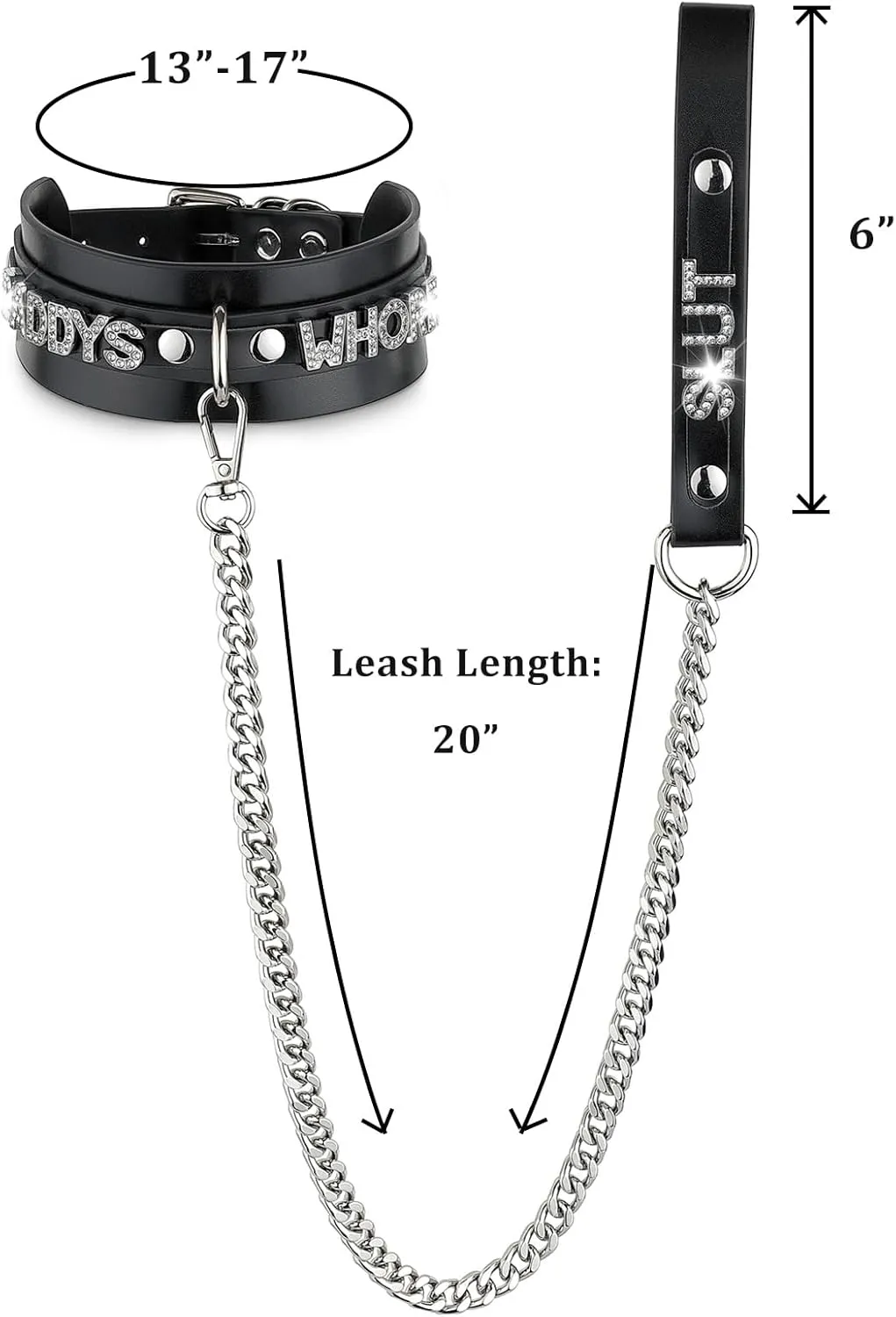 Women's Black Leather Choker Necklace with Rhinestone Letters, Adjustable Punk Gothic Custom Name D-ring Collar Jewelry For Women