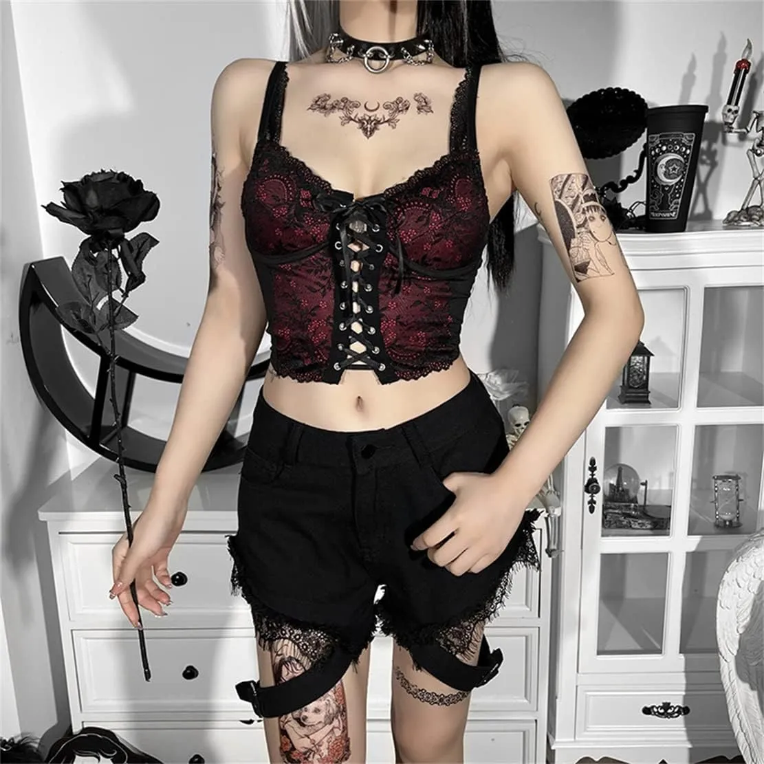 Women's Gothic Crop Top Spaghetti Strap Camisole Mall Goth Grunge Punk Fairy Cami Corset Top Backless Vest