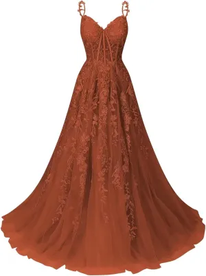 Women's Lace Applique Tulle Prom Dresses A Line Long Pleated 2025 Formal Evening Party Gowns with Slit