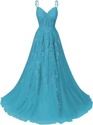 Women's Lace Applique Tulle Prom Dresses A Line Long Pleated 2025 Formal Evening Party Gowns with Slit