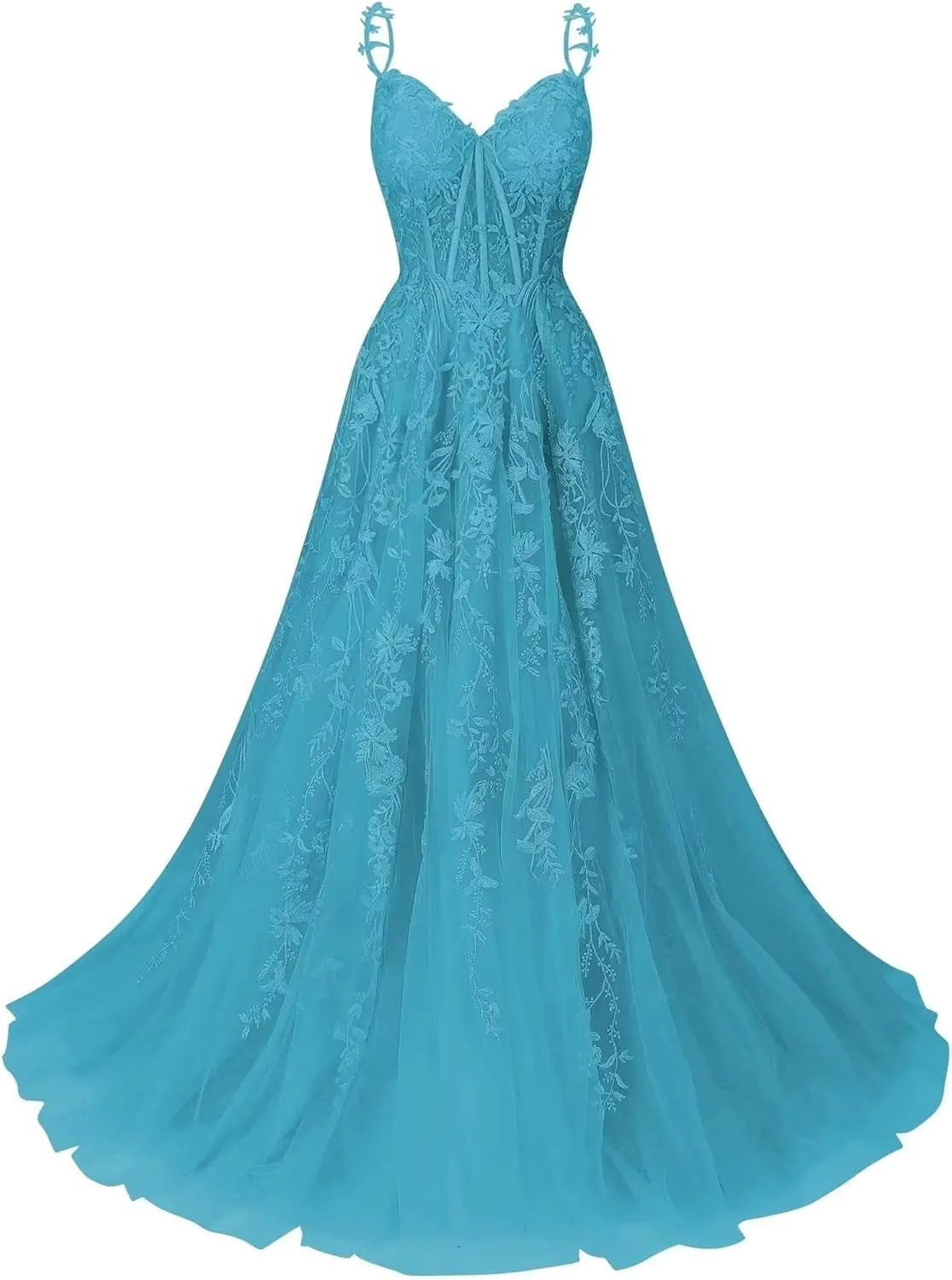 Women's Lace Applique Tulle Prom Dresses A Line Long Pleated 2025 Formal Evening Party Gowns with Slit