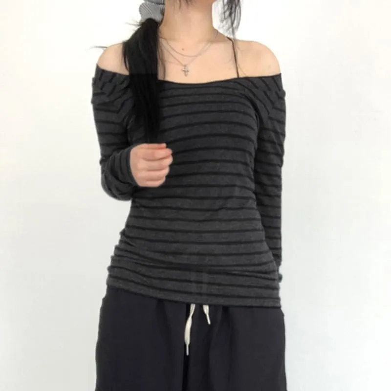 Womens Long Sleeve Grunge Aesthetic Shirts Striped Off Shoulder Tops Teen Girls Alt Emo Goth Streetwear Y2k Clothes