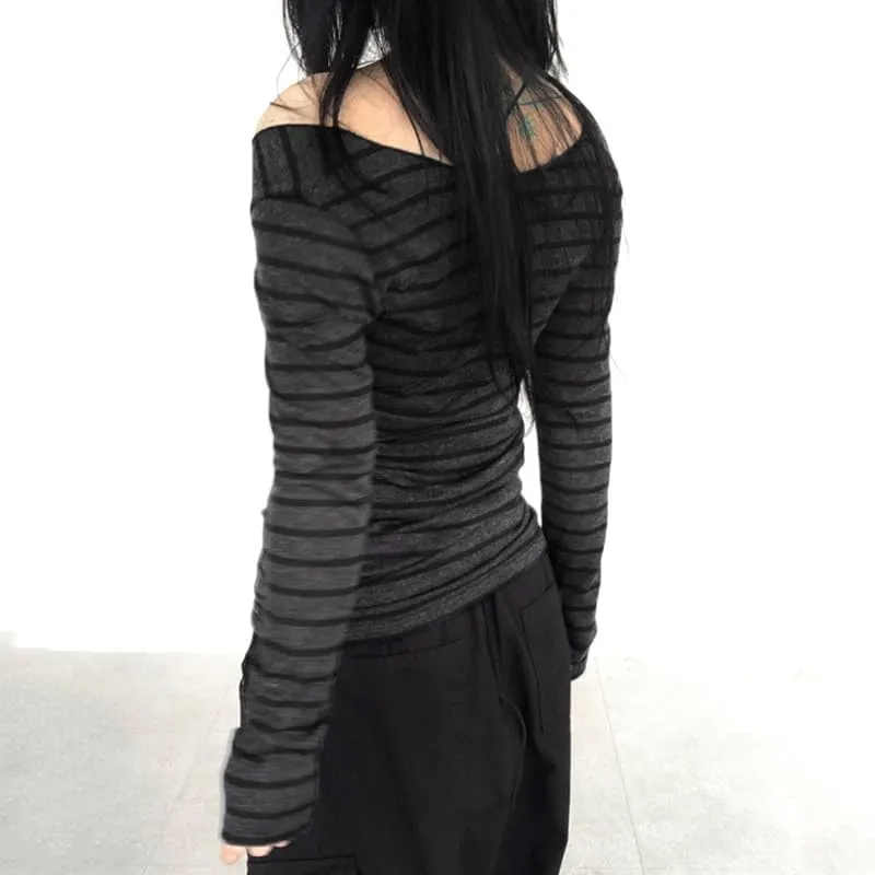 Womens Long Sleeve Grunge Aesthetic Shirts Striped Off Shoulder Tops Teen Girls Alt Emo Goth Streetwear Y2k Clothes
