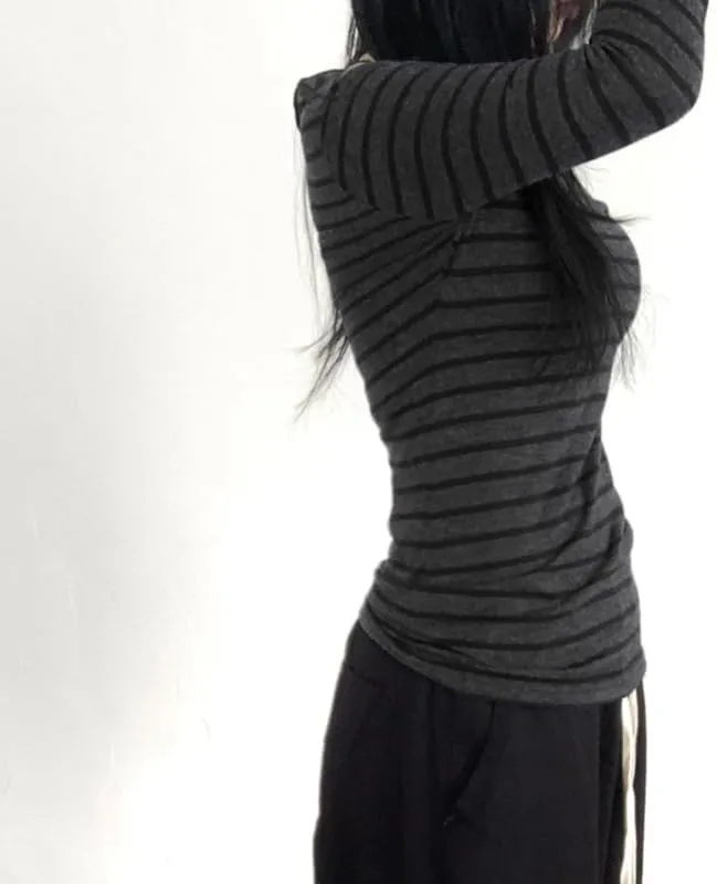 Womens Long Sleeve Grunge Aesthetic Shirts Striped Off Shoulder Tops Teen Girls Alt Emo Goth Streetwear Y2k Clothes