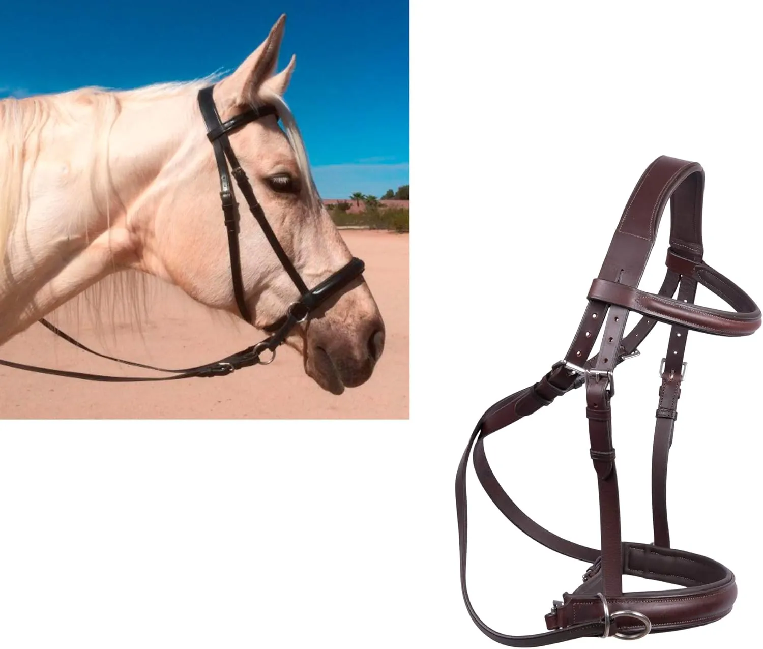 Wonder Care Genuine English Leather Crossover Crossunder Bitless Bridle for Horse Headstall with Reins