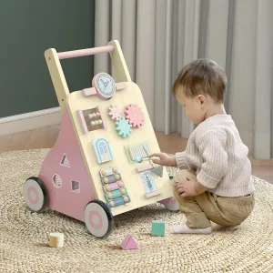 Wooden Baby Walker with Wheel Pink Baby Push Walker for Girl 6-12 Month Walking Toy Push Toy Learning to Walk Toddler Activity Walker Toy with Adjustable Height, Pink