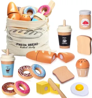 Wooden Bakery Playset Food Toys, Kids Pretend Play Food Baking Set Kitchen Accessories with Storage Bag, Pretend Play Bread Cutting Food for Boys Girls 3 