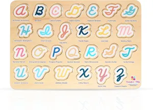 Wooden Cursive Alphabet Puzzle for Kids - Bilingual English/Spanish - Montessori Toy for Early Learning - Fine Motor Skills Educational Toy